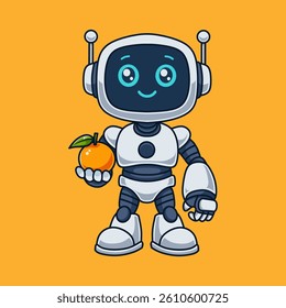 Cute cartoon robot character holds a ripe orange against an orange backdrop Great for children's illustrations and technology themes