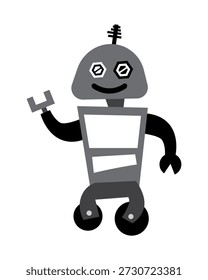 Netter Cartoon-Robotercharakter einzeln auf weißem Hintergrund, einfache, flache Illustration mit mechanischen Elementen, freundliches, lächelndes Roboterdesign mit Kopienraum