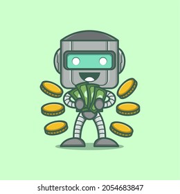 cute cartoon robot character with money and gold coins. vector illustration for mascot logo or sticker