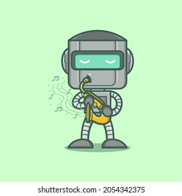 cute cartoon robot character playing sexophone. vector illustration for mascot logo or sticker