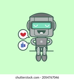 cute cartoon robot character playing social media on laptop. vector illustration for mascot logo or sticker