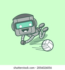 cute cartoon robot character playing volleyball . vector illustration for mascot logo or sticker