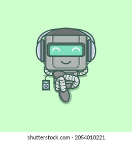 cute cartoon robot character relaxing listening to music. vector illustration for mascot logo or sticker