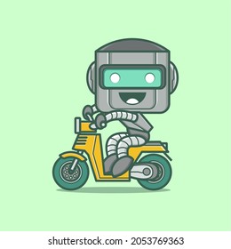 cute cartoon robot character riding a scooter. vector illustration for mascot logo or sticker