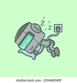 süße Cartoon Roboter-Charakter schlafen und aufladen. Vektorgrafik für Maskottlogo oder Aufkleber