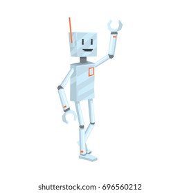 Cute cartoon robot character waving Hello vector Illustration