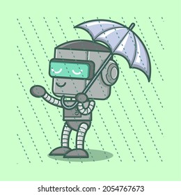 cute cartoon robot character wearing umbrella and playing rain. vector illustration for mascot logo or sticker