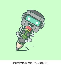 cute cartoon robot character writing with big pencil . vector illustration for mascot logo or sticker