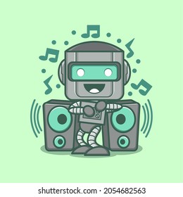 cute cartoon robot characters dancing to loud music and sounds. vector illustration for mascot logo or sticker