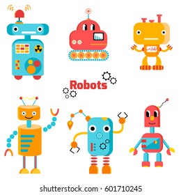 Cute cartoon robot characters on white