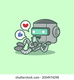 cute cartoon robot characters playing social media using cellphones. vector illustration for mascot logo or sticker