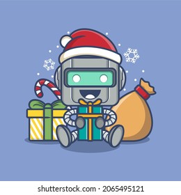 , cute cartoon robot with christmas gifts. vector illustration for mascot logo or sticker