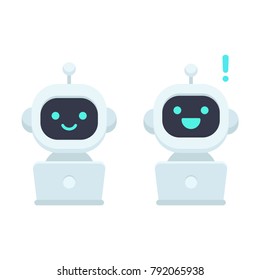 Cute Cartoon Robot With Computer, Simple Flat Icon. Chat Bot Vector Illustration, Artificial Intelligence Virtual Assistant.