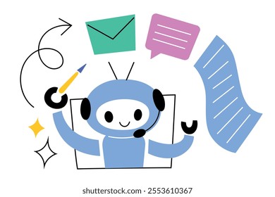 Cute cartoon robot creating texts, letters, and articles, artificial intelligence concept, AI vector illustration for communication, content generation, and technology themes