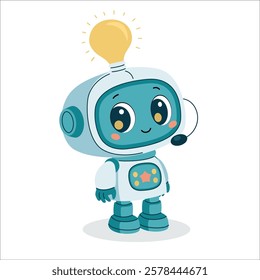 A cute cartoon robot with a glowing light bulb on its head. Ideal for children s books, greeting cards, and tech-related projects. Modern flat style with a warm color palette.