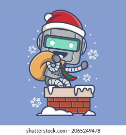 cute cartoon robot going through christmas chimney. vector illustration for mascot logo or sticker