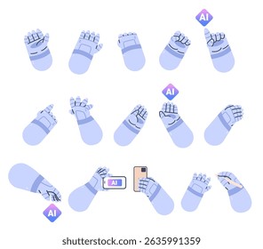 Cute cartoon robot hand collection on white. Artificial intelligence element set