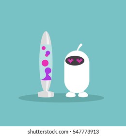 Cute Cartoon-Roboter mit herzförmigen Augen, die sich in eine Lavatlampe verlieben / bearbeitbare flache Vektorgrafik, Clipart-Kunst