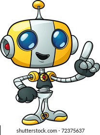 Cute cartoon robot holding finger up. Vector illustration with simple gradients. All in a single layer.