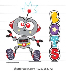 Cute cartoon robot isolated on white striped background illustration vector , T-Shirt design for kids