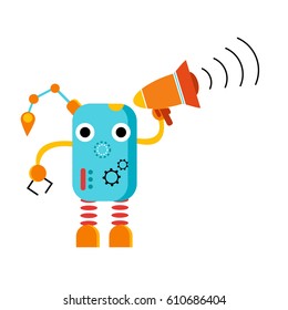 Cute cartoon robot with megaphone. Loud speaking machine