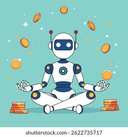 Lindo robot de dibujos animados en una escala equilibrada con dinero, perfecto para visualizar el equilibrio financiero, el presupuesto y la comparación de valor.