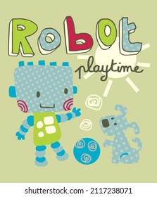 Cute cartoon robot playing football with robotic dog vector illustration, t shirt design for kids boys and infant.