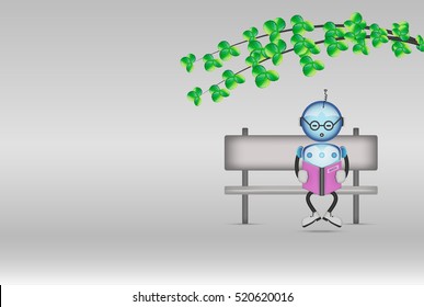 Cute cartoon robot is reading book sitting on the bench. Illustration decorated with a green plants on a white background. EPS10