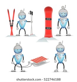 Cute cartoon robot represents winter collection of sport activities. Isolated illustration set. EPS10