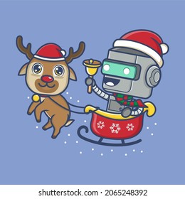 cute cartoon robot riding a christmas reindeer sleigh. vector illustration for mascot logo or sticker