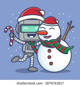 cute cartoon robot with snowman on christmas. vector illustration for mascot logo or sticker
