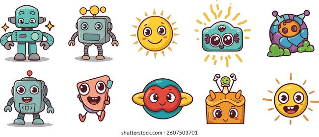 Cute Cartoon Robot Space Icons – Mascots, Stickers, and UI Elements