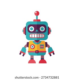 Cute cartoon robot with teal and yellow body and red antenna