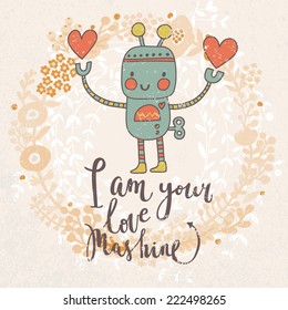 Cute cartoon robot in vector on stylish floral background