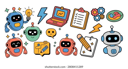 Cute cartoon robots holding light bulb laptop checklist pencil and gears technology computer  in white background