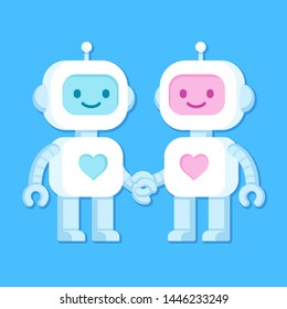 Cute cartoon robots in love. Robot couple, male and female, with heart symbol. Vector clip art illustration.