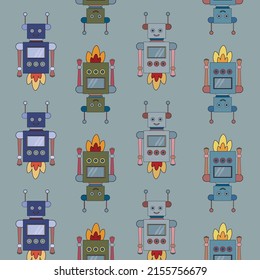 Cute cartoon robots  on blue background. Cyborg icons set. 