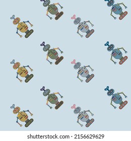 Cute cartoon robots  on blue background. Cyborg icons set. 