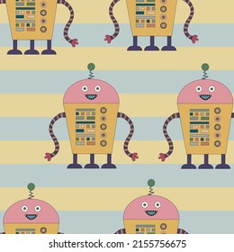 Robots de dibujos animados con fondo rayado. Iconos de ciborg configurados. 