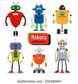 Cute cartoon robots set on white background. Vector illustration.