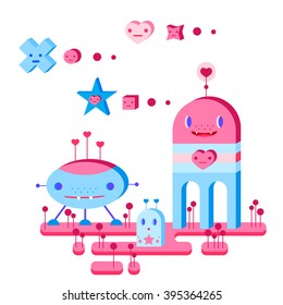 Cute cartoon robots and small characters isolated on white background. Pink, light pink, blue, light blue, sky blue, vinous.