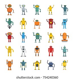 Cute cartoon robots and spaceman cyborg vector set isolated on white background. Robot characters illustration