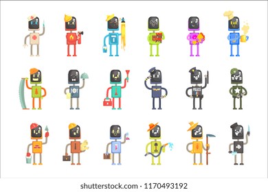 Cute cartoon robots in various professions set of colorful characters vector Illustrations