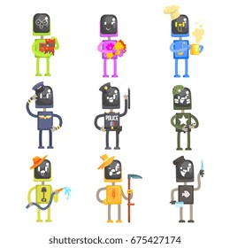 Cute cartoon robots in various professions with professional equipment set of colorful characters vector Illustrations