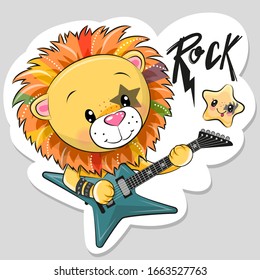 Cute cartoon rock Lion with a guitar on a white background