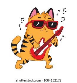 A cute cartoon rock star cat playing the guitar  Vector illustration  