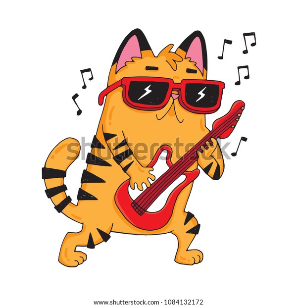 ギターを弾いている可愛い漫画のロックスター猫 ベクターイラスト のベクター画像素材 ロイヤリティフリー