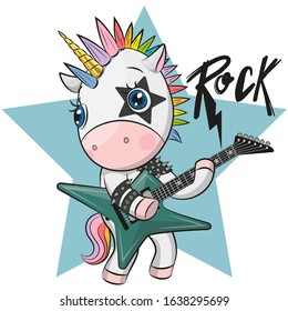 Cute cartoon rock unicorn with a guitar on a background of stars