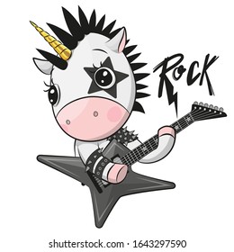 Cute cartoon rock unicorn with a guitar on a white background