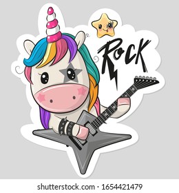 Cute cartoon rock unicorn with a guitar on a white background